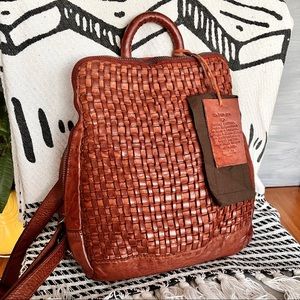Anthropologie VILENCA Holland genuine leather Cognac woven backpack NWT